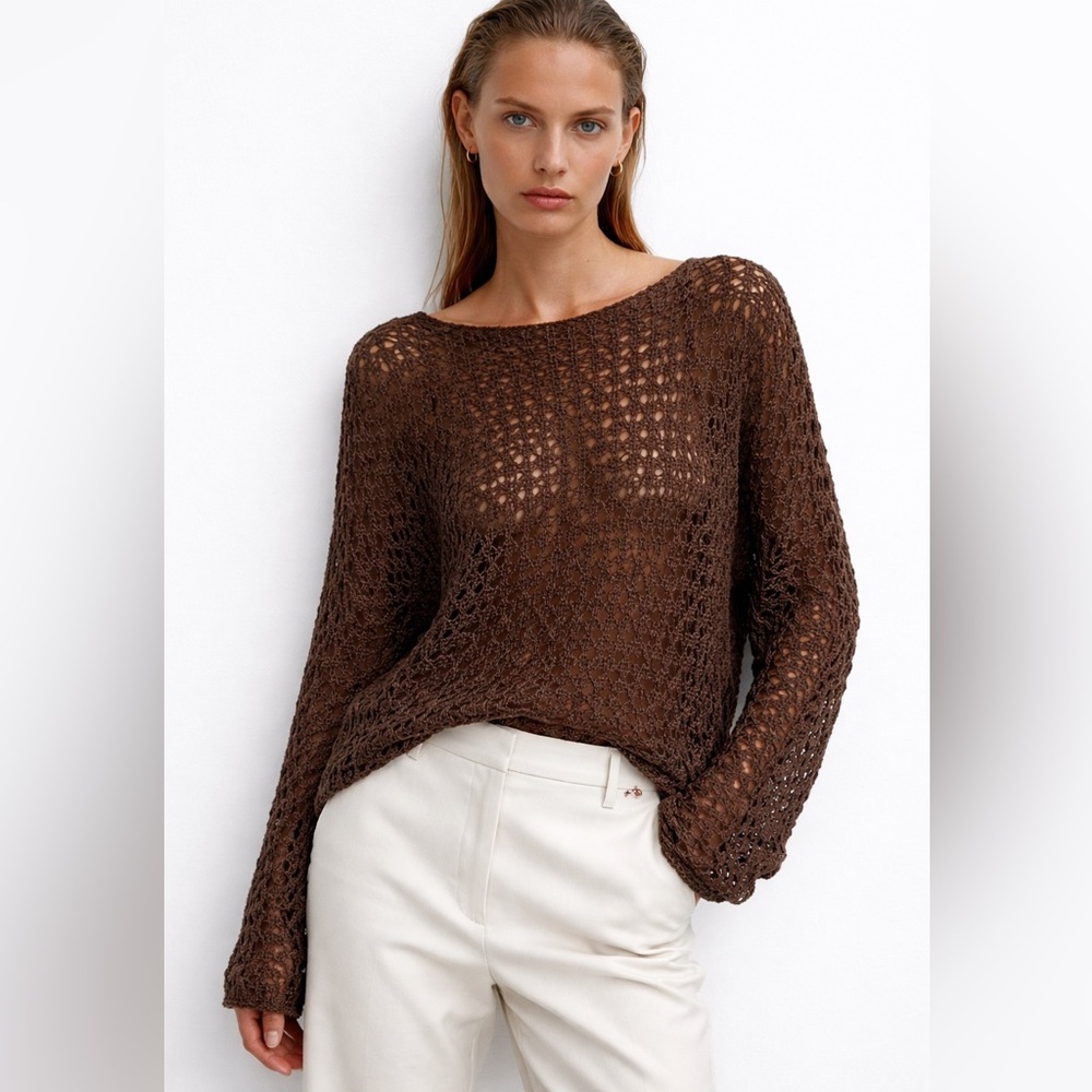 NWT Zara Open Knit Crochet Sweater in Chocolate Brown